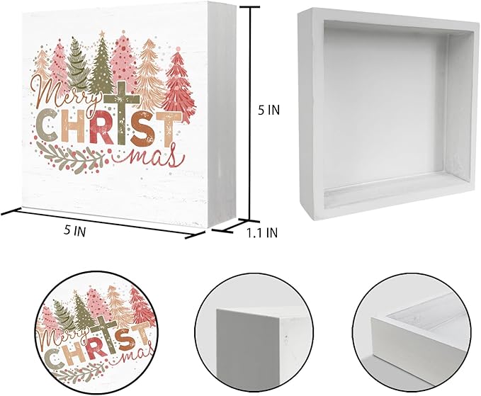 Pink Christmas Trees Wooden Box Sign，Merry Christmas Sign，Farmhouse Rustic Wood Block Plaque for Home Desk, Christmas Office Decorations for Work Desk, Christmas Gifts for Women Funny 5x5