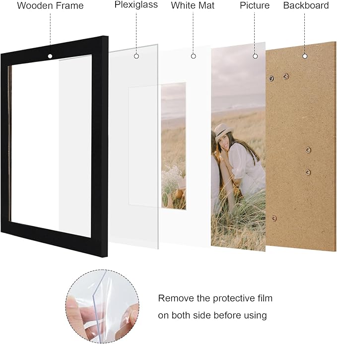 11x14 Picture Frame Set of 9, Photo Gallery Wall Frame Set, Display Pictures 8x10 with Mat or 11 x 14 Without Mat, Multi Photo Frames for Wall Mounting or Table Top Display, Black