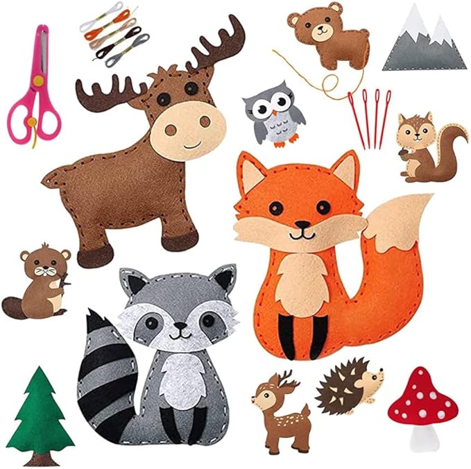 Sewing Kit for Kids Dinosaur DIY Art Craft Felt Set Animals Preschool Beginners Educational Sewing Set Project Party Supplies for Boys Girls (Animal)