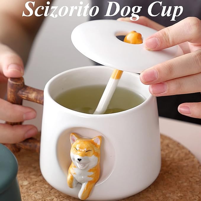 Cute Dog Couple Cup, Ceramic Coffee Mug with a Lid, Paws on the Top of the Spoon, Cute Shiba Lnu Three-dimensional Design, with Matte Texture,(420ML White Tail)
