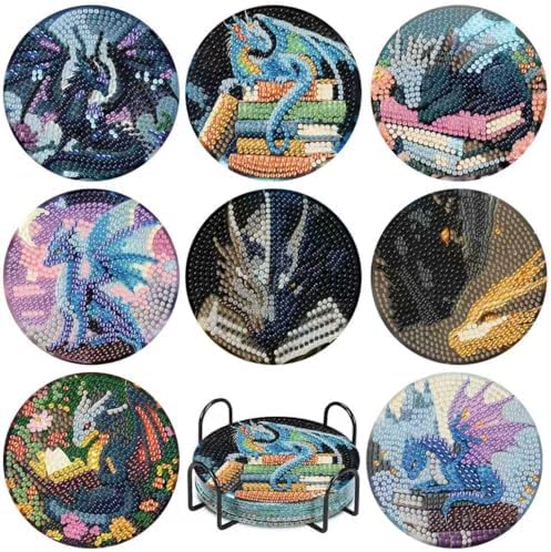 NEGEKFKX 8 Pcs Dragon Book Diamond Art Painting Coasters Kits, Coaster with Holder for Adults, Non-Slip DIY Dot Paint Craft Kits,5D Full Drill DIY Diamond Dot Gem Art Kit Home Decor Arts Craft by NEGEKFKX
