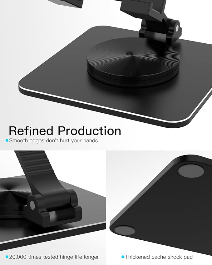 Cell Phone & Tablet Stand for Desk, Aluminum Adjustable Holder for iPhone, iPad & Smartphones || Foldable Mount with 360° Swivel, Stable Base & Portable Design for 4–9.7in Devices, Black