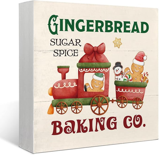 Gingerbread Christmas Decor Wooden Box Sign,Gingerbread Decorations for Kitchen, Christmas Decorations for Home Shelf Office Desk Decor,Holiday Gifts for Women 5x5