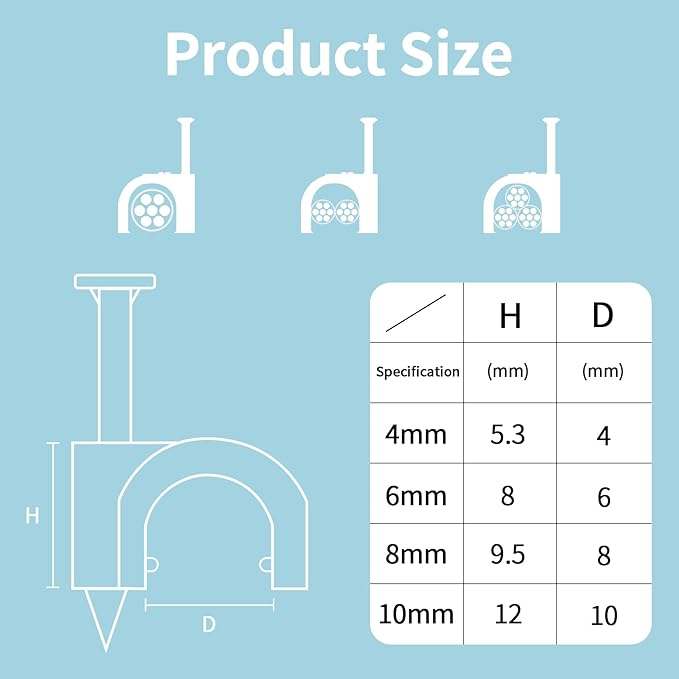 Cable Clips, 400 Pcs, 4mm 6mm 8mm 10mm, Wire Wall Clips with Steel Nails, Cable Management Organizer Clips, Cable Tacks Coax Holder Clips, RG6 RG59 CAT6 RJ45 Cable Cord Clips, Black