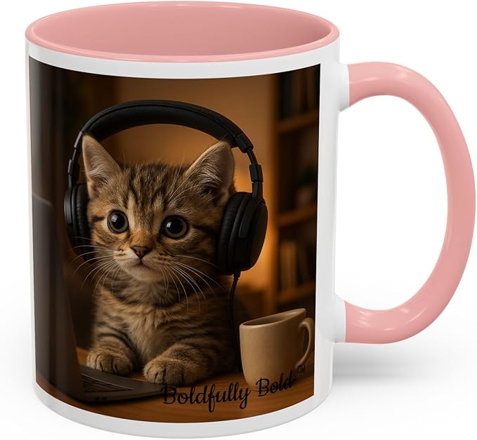 Adorable Cat Coffee Mug, Cute Kitten with Earphones, Pet Lover Gift, Tea Cup, Animal Lover Mug, Coffee Cup