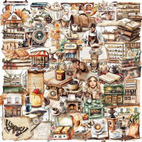 50PCS Retro Coffee Stickers for Scrapbooking Journaling Junk Journal Scrapbook Supplies - Waterproof Transparent PET Aesthetic Decals for Resin Crafts Decorative Art Crafts (Retro-3A) by Unknown