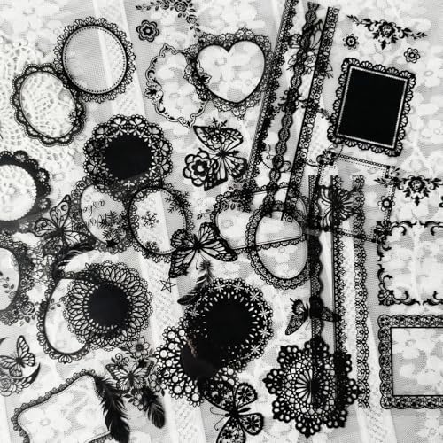 130 Pcs Vintage Black White Lace Scrapbook Stickers - Classic Butterfly Feather Heart Embellishments for DIY Journal Wedding Photo Album Craft Decor, Fade-Resistant Waterproof Reusable - Image 2