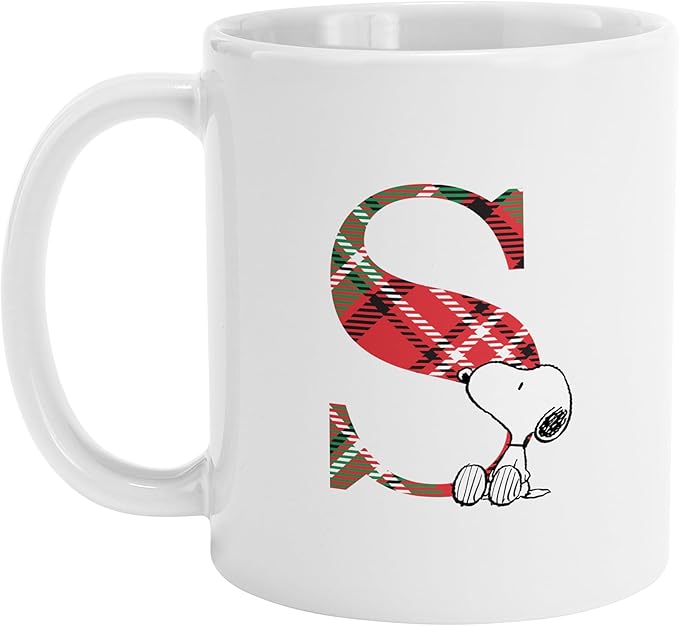 Let's Make Memories Personalized Mug - PEANUTS Character Collection - Christmas Holiday Stocking Stuffer - Microwave and Dishwasher Safe - Snoopy - Plaid Initial - 11 oz.