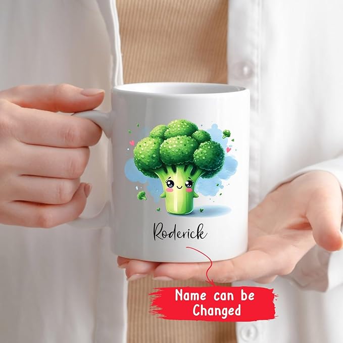Personalized Cartoon Broccoli Coffee Mug With Kid Name, Awesome Broccoli Travel Cups For Healthy Vegetable Lovers, Custom Broccoli Lover Ceramic Mug 11oz 15oz, Vegan Teacup Gifts, Broccoli Fans Mugs