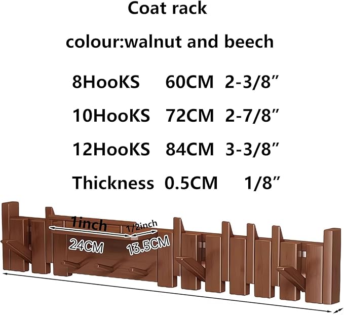 Wall Mounted Coat RackHooks Piano Key Hangers Natural Solid Wood Hanger Non-Woven Fabric Clothes Hangers for Closet, Kitchen, Bedroom, Bathroom, Entryway (Innovate-Walnut, 12 Hooks)
