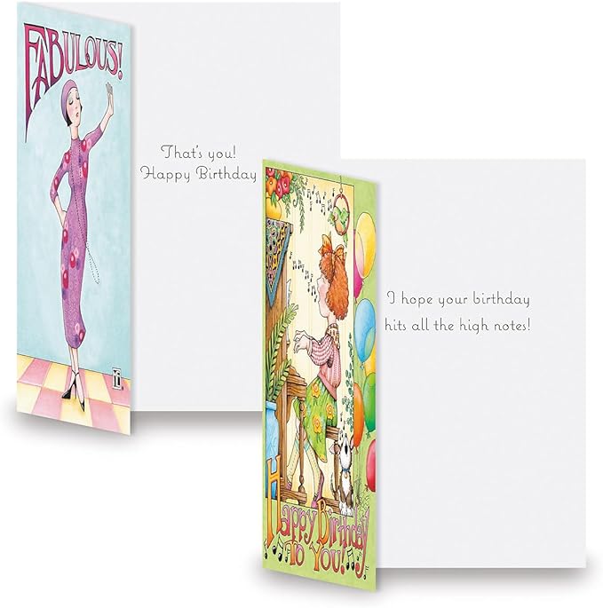 Current Birthday Cards by Mary Engelbreit - Sets of 8 (2 designs), 5" x 7" cards, and come with white envelopes.