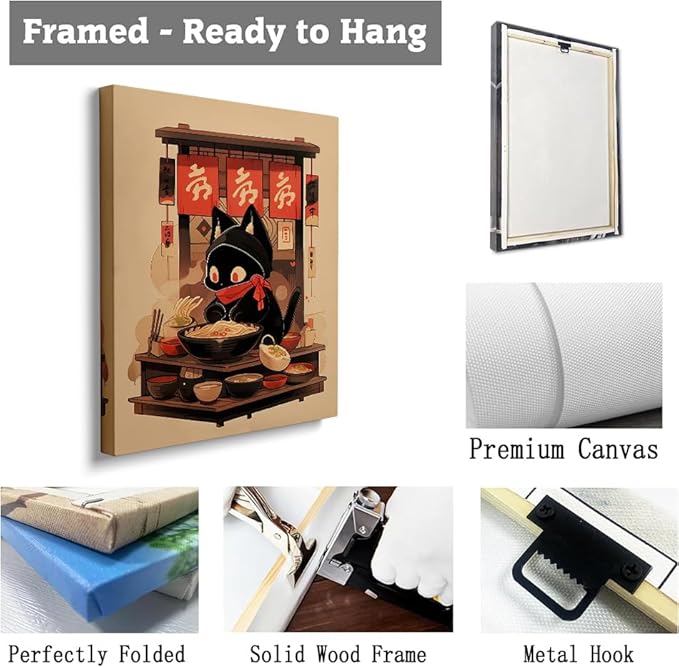 Ramen Shop Cat Poster,Noodle Black Cat Poster,Vintage Ramen Print,Lucky Cat Print,Tokyo Print,Funny Cat Shop Owner Art,Edo Period,Kitchen Wall Decor20x30 Framed