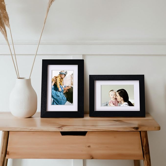 Egofine 4x6 Picture Frames 4PCS Covered by Plexiglass, for Picture 3x4.5/3.5x5 with Mat or 4x6 whitout Mat, Made of Solid Wood for Table Top Display and Wall Mounting Photo Frame, Black with Texture