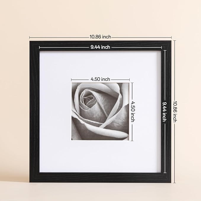 eletecpro 10x10 Picture Frames Set of 9 with Mat for 5x5 Photos or without Mat for 10x10, Square Gallery Wall Decor Collage for Picture Display, Black Frame Set for Wall Hanging