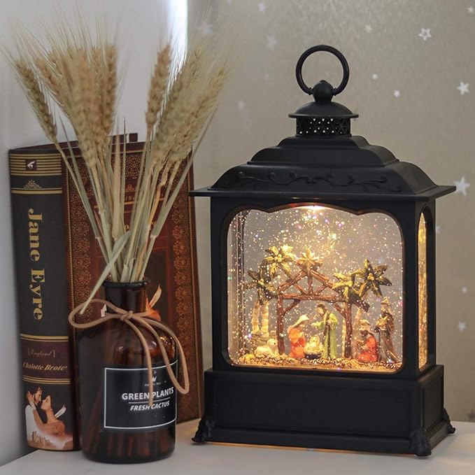 GenSwin Nativity Musical Lighted Water Lantern Christmas Snow Globe with 6 Hour Timer, Battery Operated & USB Powered Singing Swirling Glitter Snow Globe Lantern Christmas Holiday Home Decor Gift(11”)