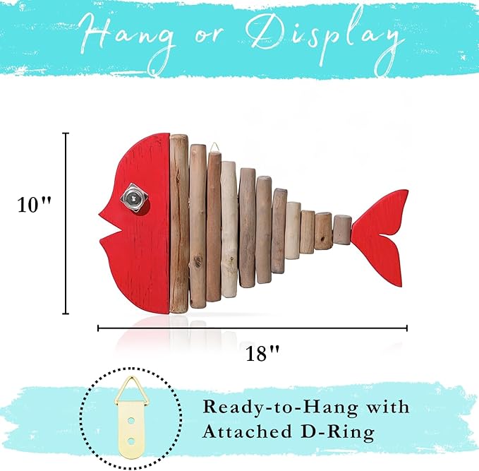 Mint Bucket Brands Driftwood Fish Nautical Wall Decor - 18" x 10" Handmade Wooden Rustic Coastal Wall Art for Living Room, Bedroom, Office, Bathroom - Ocean Beach Decoration (Ruby)