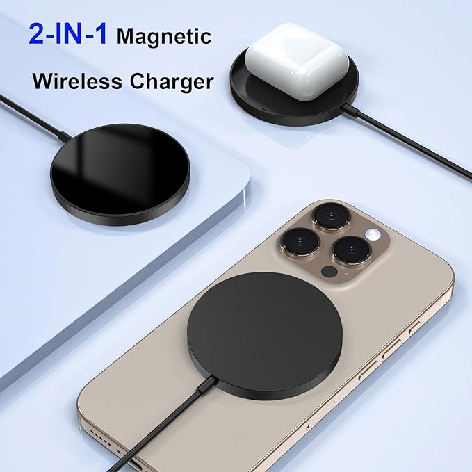for MagSafe Charger 2 Pack 15W Magnetic Wireless Charging Pad for iPhone 17 16 15 14 13 12 Air Pro Max Plus mini/AirPods 2 3 Pro, Slim Portable Strong Magnet Quick Charger, USB-C/A Ports, Black