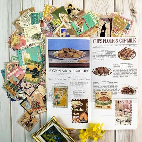 Prstincol 100 Pcs Scrapbooking Stickers,Food Stickers for Scrapbooking,Vintage Stamp Sticker for Journaling,Retro Poster Sticker for Water Bottle Laptop Phones Bullet Journal - Image 6