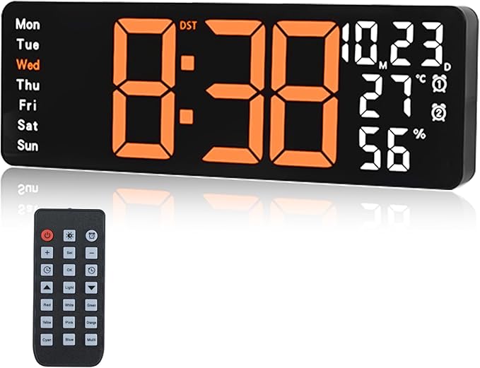 Digital Wall Clock Large Display, 17.3" Digital Clock with RGB Color Remote Control, Auto-Dimming Big Wall Clock with Night Light,Auto DST,Date Week,Temp for Home Decoration, for Elderly (Orange)
