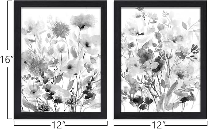 Botanical Canvas Prints Wall Art Black & White Wildflower Pictures Rustic Floral Paintings Decor 2 Panels Modern Framed Artwork for Bathroom Livingroom Bedroom Office Kitchen 12x 16 inches (Black