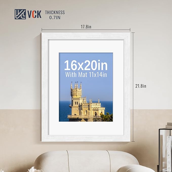 VCK 16x20 Picture Frames White Set of 5, Wide Border Wood, Tempered Glass, Display 11x14 Photo with Mat or 16 x 20 without, for Home, Office, Gallery, Woodgrain Series, Wall Hanging