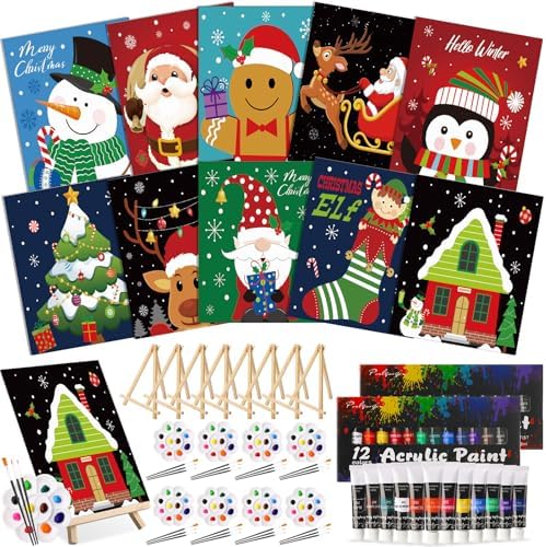 Ctosree 72 Pcs Xmas Paint and Sip Kit for Adults 8'' x 10'' Pre Drawn Canvas for Painting DIY Pre Printed Canvas for Party Favor Afro Acrylic Painting Kit Wood Easel Brushes Date Night Bulk by Ctosree