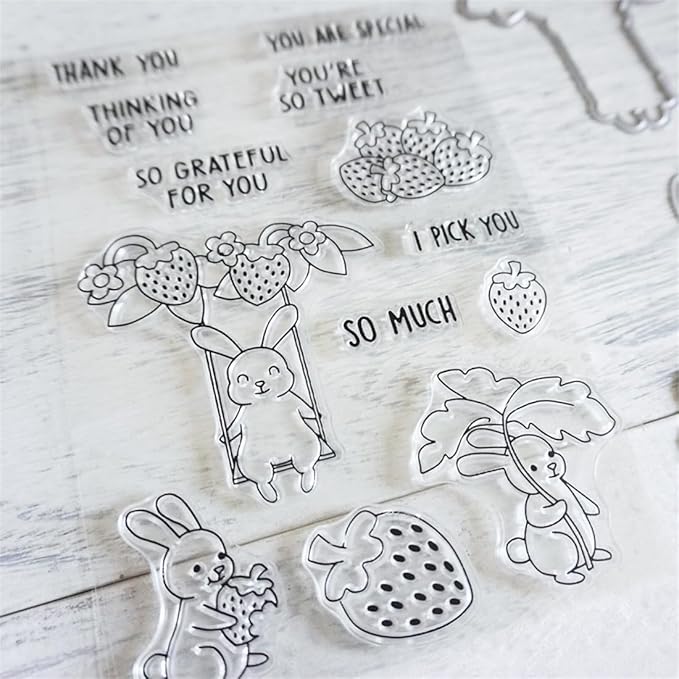 Strawberry Leaf Rabbit Stamps and Cutting Dies for Card Making DIY Transparent Silicone Clear Stamp and Metal Die Cuts Sets for Scrapbooking Paper Greeting Cards Decor Seals Craft Supplies