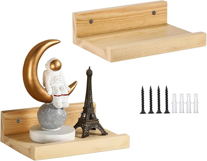 Z metnal Small Decor Shelves, Mini Floating Wooden Display Wall Shelf for Smart Speaker WiFi Collectables, Sauna Shelves, Wood, Wall Mounted, 8 x 5.5 inch, 2 Pack