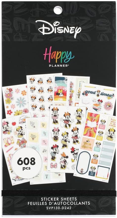 Happy Planner Disney Sticker Pack, Multicolored Planner Stickers for Teachers, Back-to-School Accessories, Sunny Minnie Theme, Classic Size, 30 Sheets, 608 Stickers Total