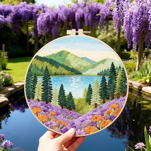 BEUNITONE 4 Set Forest Pattern Embroidery Kit for Adult Beginners Scenery Pre-Printed Designs Cross Stitch Kits, Needlepoint Kits for Adults, Handmade Embroidery for Home Decor 20x20cm - Image 5