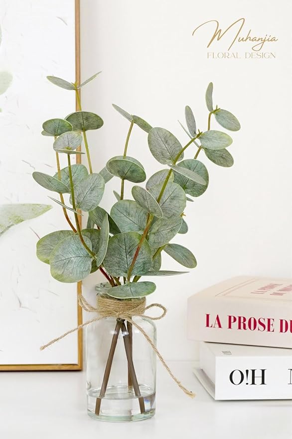Muhanjia Artificial Eucalyptus Stems in Glass Vase with Faux Water,3Pcs Fake Plant with Double-Sided Green Leaves for Centerpiece(Double-Sided Green Eucalyptus)