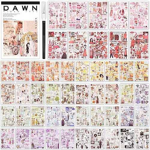 Vintage Washi Stickers for Scrapbooking, Scrapbook Stickers for Junk Journals, 50 Sheets Aesthetic Sticker Book for Journaling Supplies,Art Bullet Journals for Adults Teens Girls with 1pcs Carving by Ahmagen