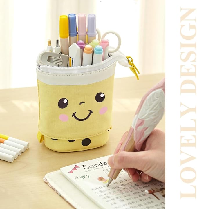 Cute Standing Pencil Case Pen Holder for Kids, Pop Up Stand UP Bubble Tea Pen Organizer Kawaii Stationary for Christmas Holiday New Year Office (Yellow)