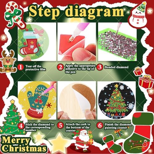 Leatrice 8 PCS Christmas Diamond Art Coasters Kits with Holder 4 in - Image 4