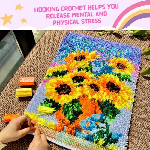 MeoobkCraft Cat Language of Love for Latch Hook Kits for Adults Beginners Sunflower Pre-Printed Latch Hook Rug Kits Embroidery Cross-Stitch for Home Home Decoration 20.47 x 14.96in - Image 3