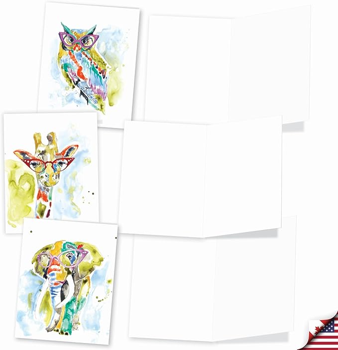 The Best Card Company Assorted Watercolor Blank Greeting Card Box Set - Incl. 20 Notecards + Envelopes, 10 Unique Designs for Thank You, Invitations, More - Rainbow Splash Animals AM6137OCB-B2x10