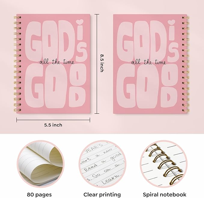 VONTP Pink Christian Spiral Notebook, God Is Good Bible Verse Inspirational Journal for Women, Christian Gifts for Women, Preppy Religious Scripture College Ruled Notebook Journal for Writing, 5.5x8.3