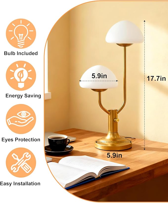 Lightdot Mushroom Table Lamp for Bedroom, Desk Bedside Small Lamps for Living Room Night Stands, Cute Modern Mid Century Lamps Dimmable with 2 LED Bulbs, Unique Aesthetic Home Decor-Gold