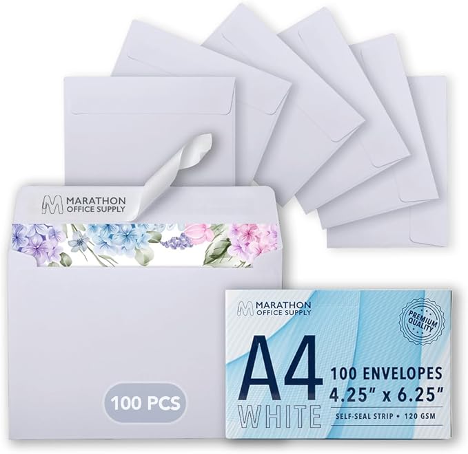 MOS A4 White Envelopes 4.25 x 6.25 Inch 100 Pack — Self-Seal Heavyweight Invitation Envelopes for Greeting Cards, Card Making, RSVP, Wedding Invitations, Business Mailings