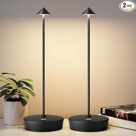2Pack Rechargeable Cordless Table Lamp, Portable Powered LED Battery 6000mAh Metal USB Desk Lamp, 3 Levels Brightness Light for Restaurants Outdoor (2pack Black)