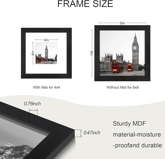 8x8 Picture Frame Set of 9, Photo Gallery Wall Frame Set, Display Pictures 4x4 with Mat or 8 x 8 Without Mat, Square Frame Picture Frames Collage Wall Decor, Black