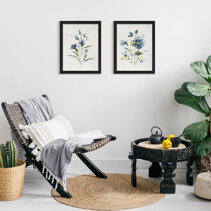 JOWOROLO Botanical Prints Wildflower Prints Blue Floral Wall Art - Set of 2-12x16 -Framed