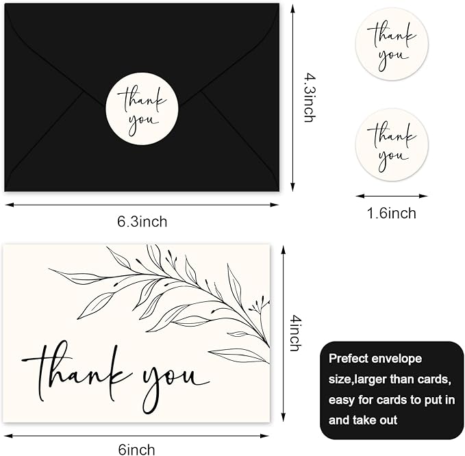 JarThenaAMCS 24 Pack Minimalist Thank You Cards Blank Greeting Cards With Envelopes Stickers Black Leaves Branches Note Card for Wedding Birthday Supplies