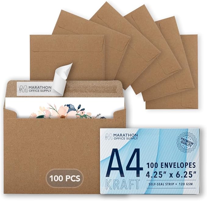 MOS A4 Kraft Envelopes 4.25 x 6.25 Inch 100 Pack — Brown Self-Seal Heavyweight Invitation Envelopes for Greeting Cards, Card Making, RSVP, Wedding Invitations, Business Mailings