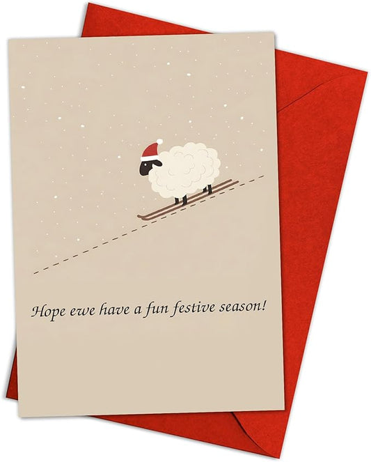 (5.3x8in) Hope Ewe Have a Fun Festive Season Card with Envelope, Cute Sheep Christmas Pun Design, Funny Holiday Greeting for Friends, Family, Coworkers, and Animal Lovers (Xmas 32)