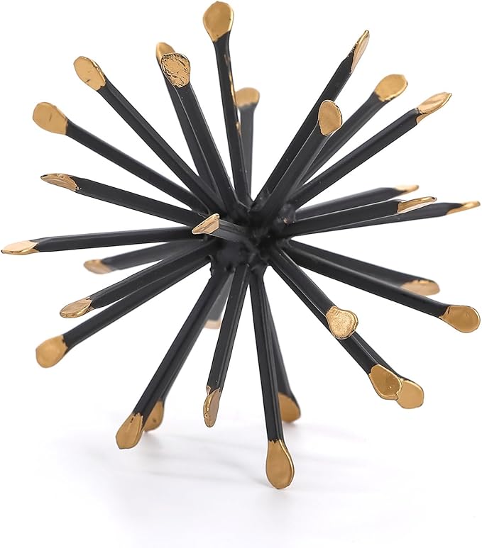 Retrome Black & Gold Sphere Decor, Metal Starburst Table Shelf Decor, Geometric Decorative Objects for Shelves, 3D Spike Decor Sculpture Home Decor Accents, 4.3”