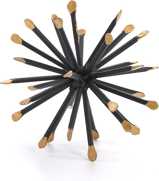 Retrome Black & Gold Sphere Decor, Metal Starburst Table Shelf Decor, Geometric Decorative Objects for Shelves, 3D Spike Decor Sculpture Home Decor Accents, 4.3”
