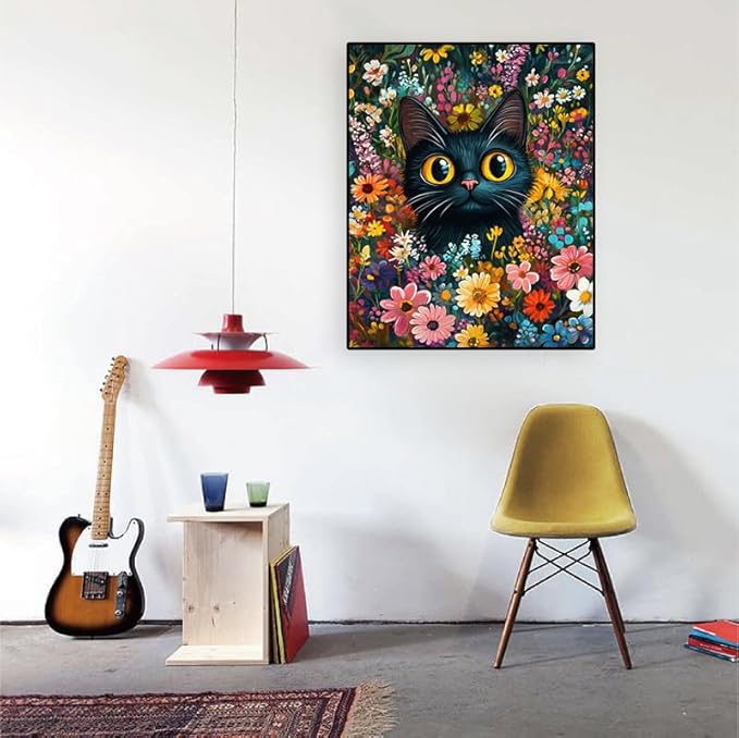 Eterkosu Black Cat Diamond Art Kits for Adults, Flowers Diamond Painting Kits for Adults for Beginners DIY Diamond Dots Art Kits, 5D Full Round Drill Gem Art Painting Kits for Home Wall Decor