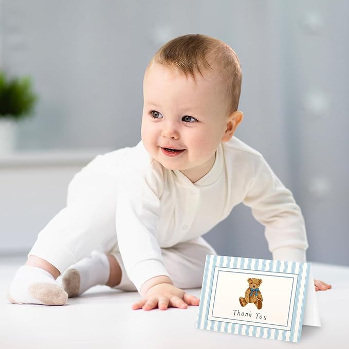 JarThenaAMCS 24 Pack Bear Thank You Cards Blue Stripe Bear Greeting Cards with Envelopes Stickers Cute Blank Note Card for Birthday Baby Shower Party Supplies, 4 x 6 Inch