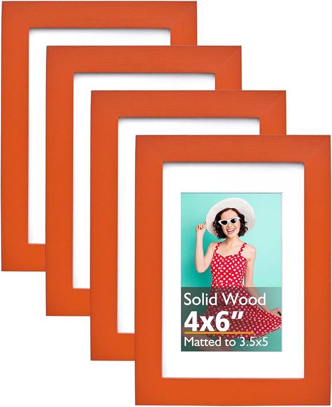 KINLINK 4x6 Frame Orange, Solid Wood 4 x 6 Picture Frame with Acrylic Plexiglass for 3.5x5 with Mat, Tabletop and Wall Display Photo Frames 4x6 Orange, 4 Pack